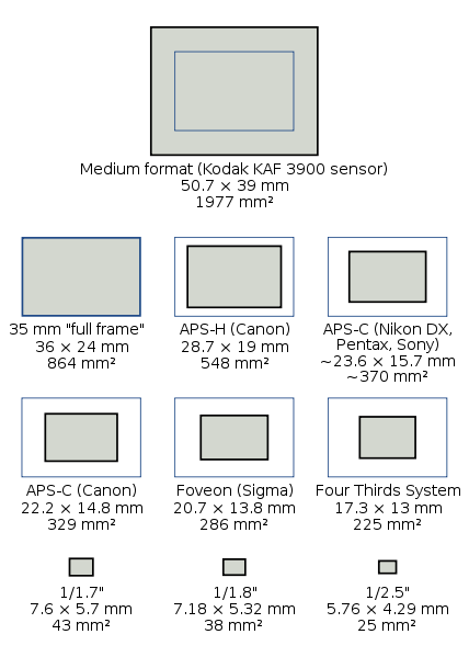 Different sizes of image sensors for digital cameras